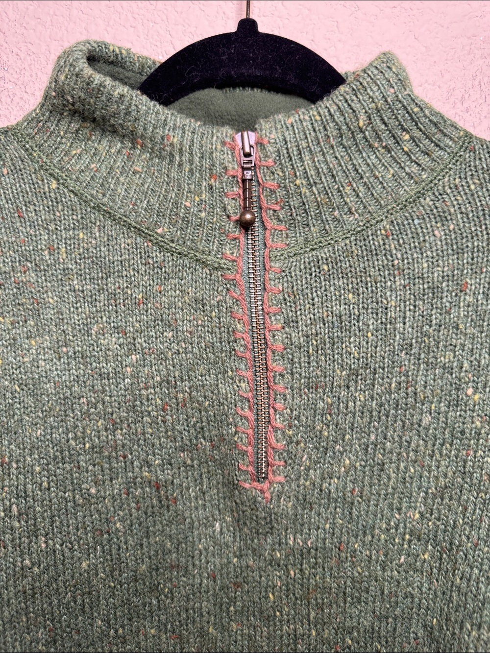 Woolrich Green Half-Zip Cowl Sweater with Subtle Tan Stitching - Picture 6 of 6